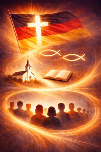 christliche Symbole (Kreuz, Fische, Kirchturm) schweben über der Deutschlandflagge und der Bevölkerung