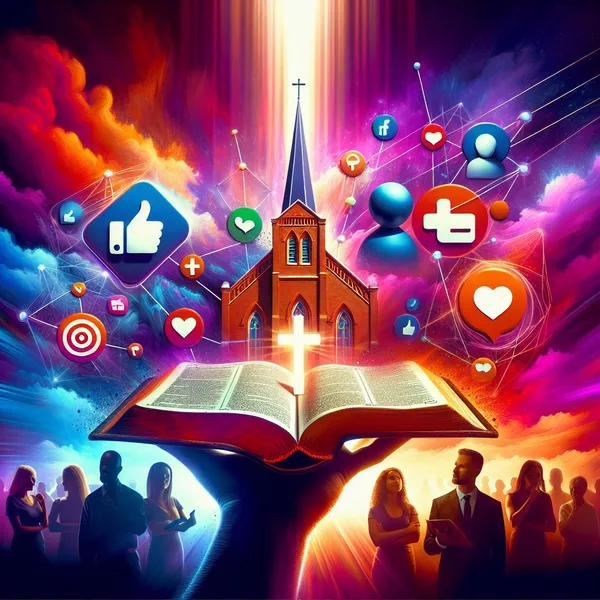 Ki generietes Bild mit Kirche Bibel Kreuz und Personen