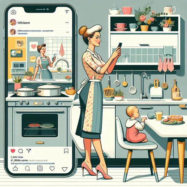 Ki generiertes Bild: Frau mit Kleinkind vor Küchezeile, Handy in der Hand, Herd und daüber Spiegelbild in Form eines Handybildschirms