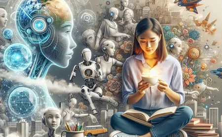 Mädchen sitzt mit verschränkten Beinen, ein Buch darauf liegen mit eine Tasse in der Hand. Rings um sie sin lauter kleine Roboter aud