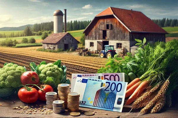 Geld und Gemüse vor Bauernhof