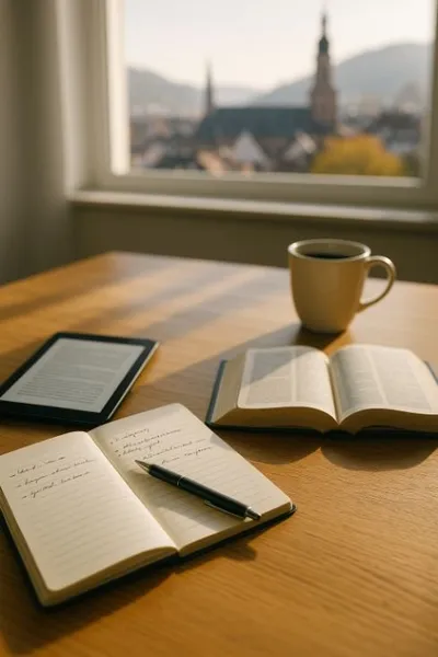 Bibel, Notizbuch und Kaffee mit Blick aus dem Fenster